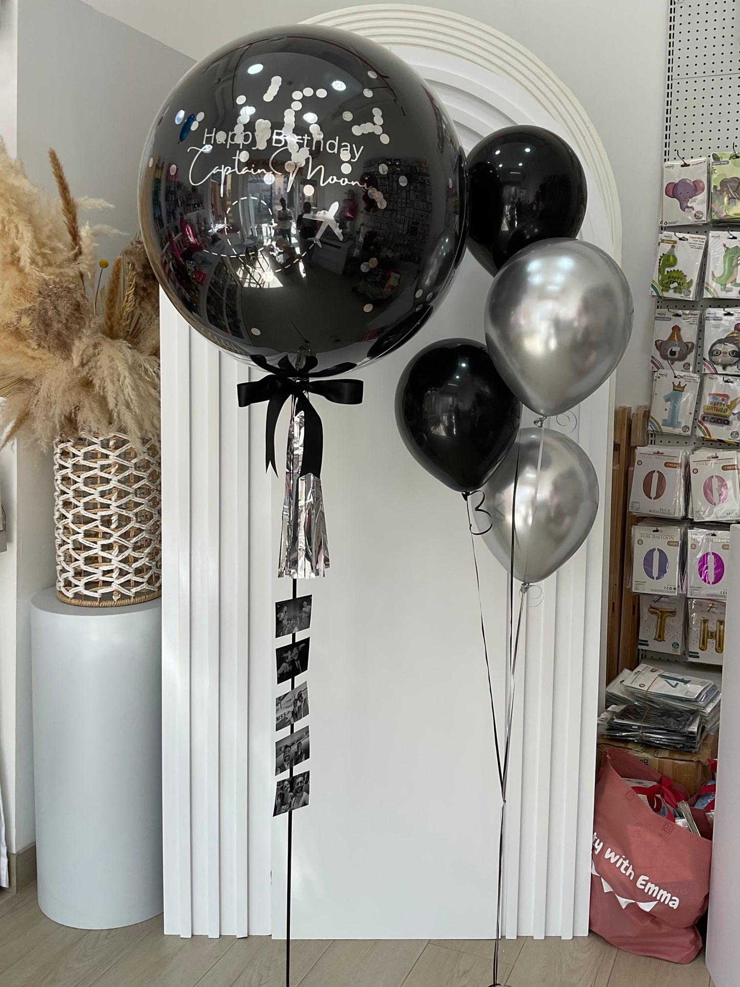 Personalised Clear with Black Latex Silver Confetti and Customize Sticker, Photo and Latex Helium Bunch – Customizable Design