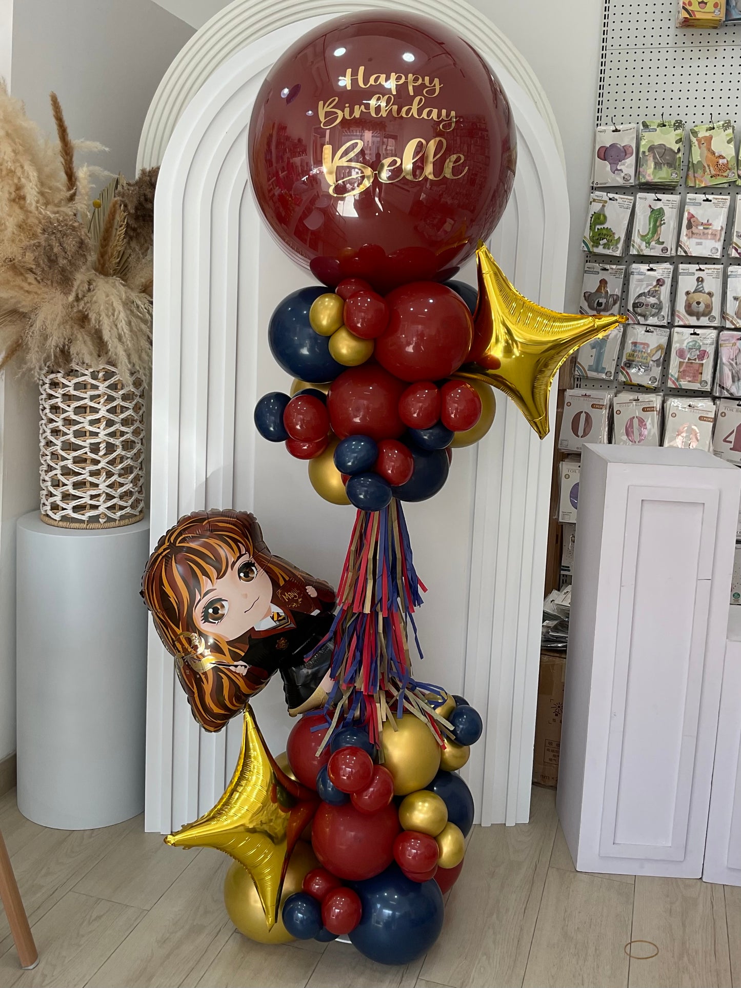 Personalised Harry Potter Theme Hermione Maroon and Gold Balloon and Tassels Pillar/Column/Tower - Customizable for Any Magical Celebrations