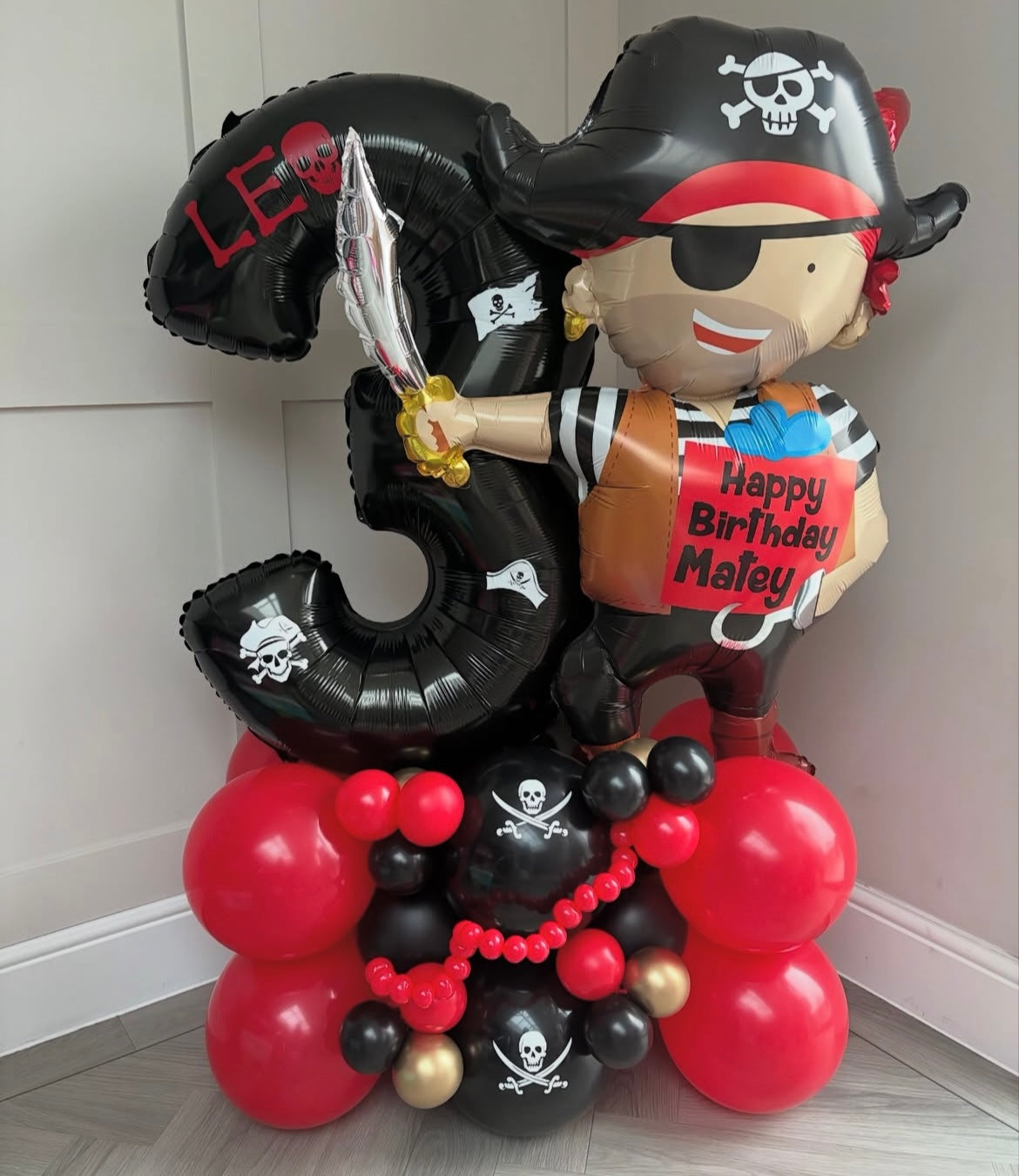Platform Black Number '3' with Latex Black and Red with Customize Sticker Pirate Foil Balloons accents – Customizable Design