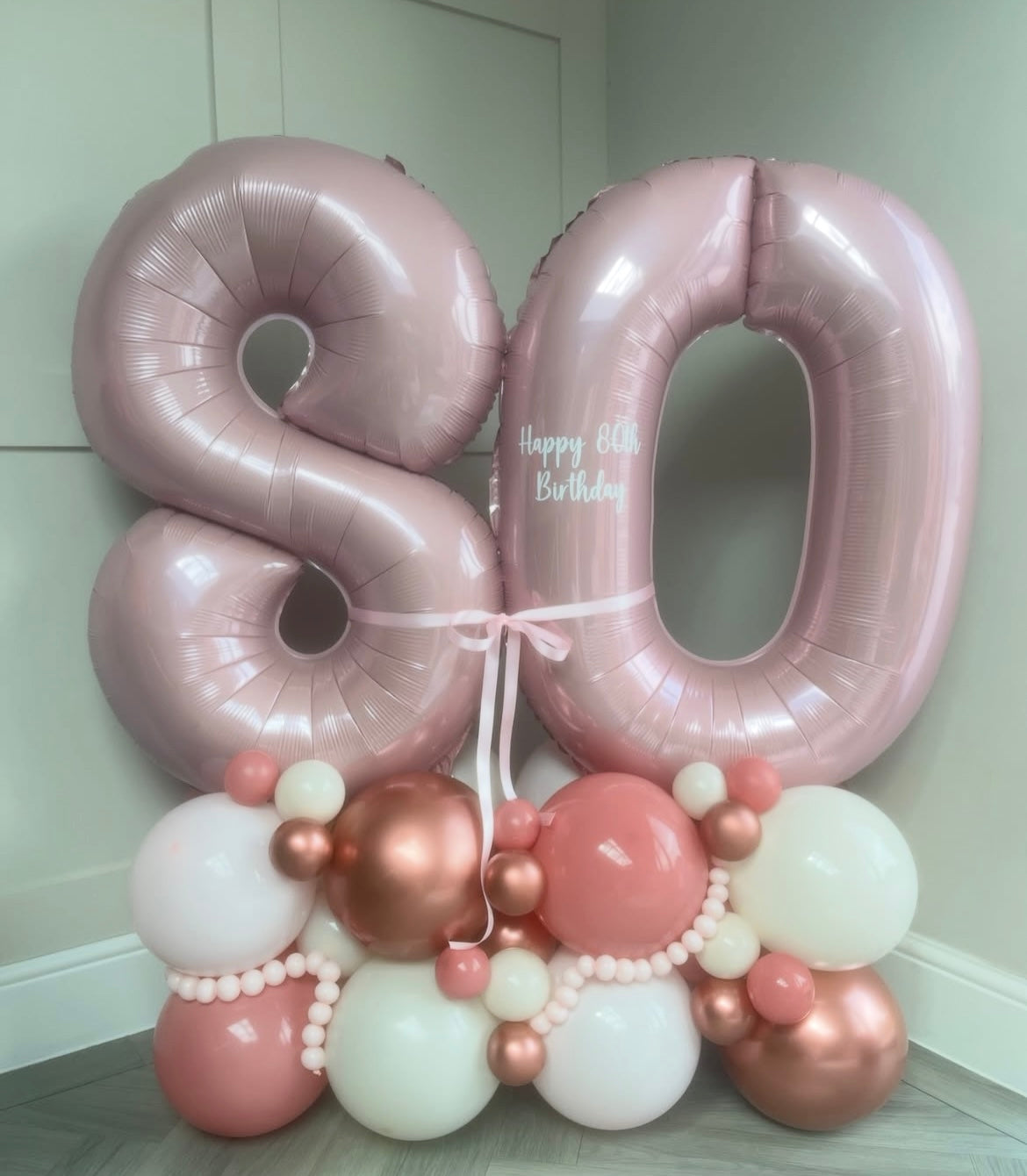Platform Pink Numbers '80' with Latex Pink, Rose Gold and White with Customize Sticker and Ribbon accents – Customizable Design