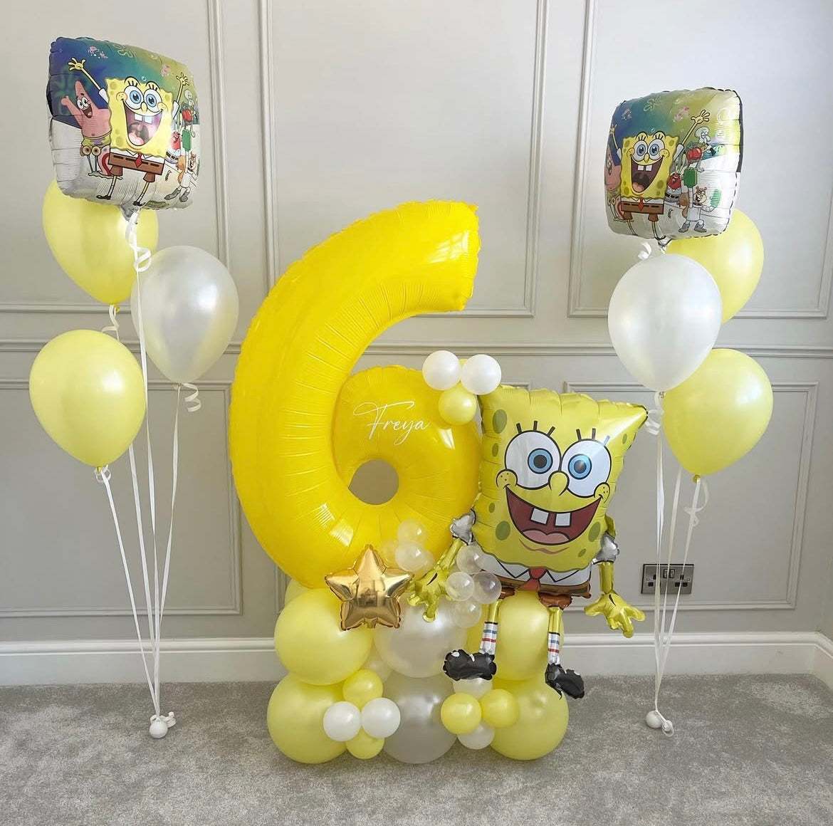 Platform Yellow Number '21' with Latex White and Pearl White with Star, Spongebob Foil and Customize Sticker accents Helium Foil Latex Bunch – Customizable Design