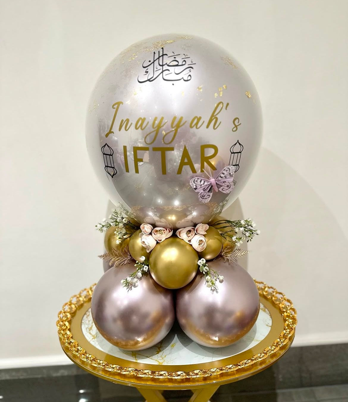 Personalised Ramadan Silver, Rose Gold and Gold with Stickers and Flowers Balloon on Stand – Ramadan Celebration Decor