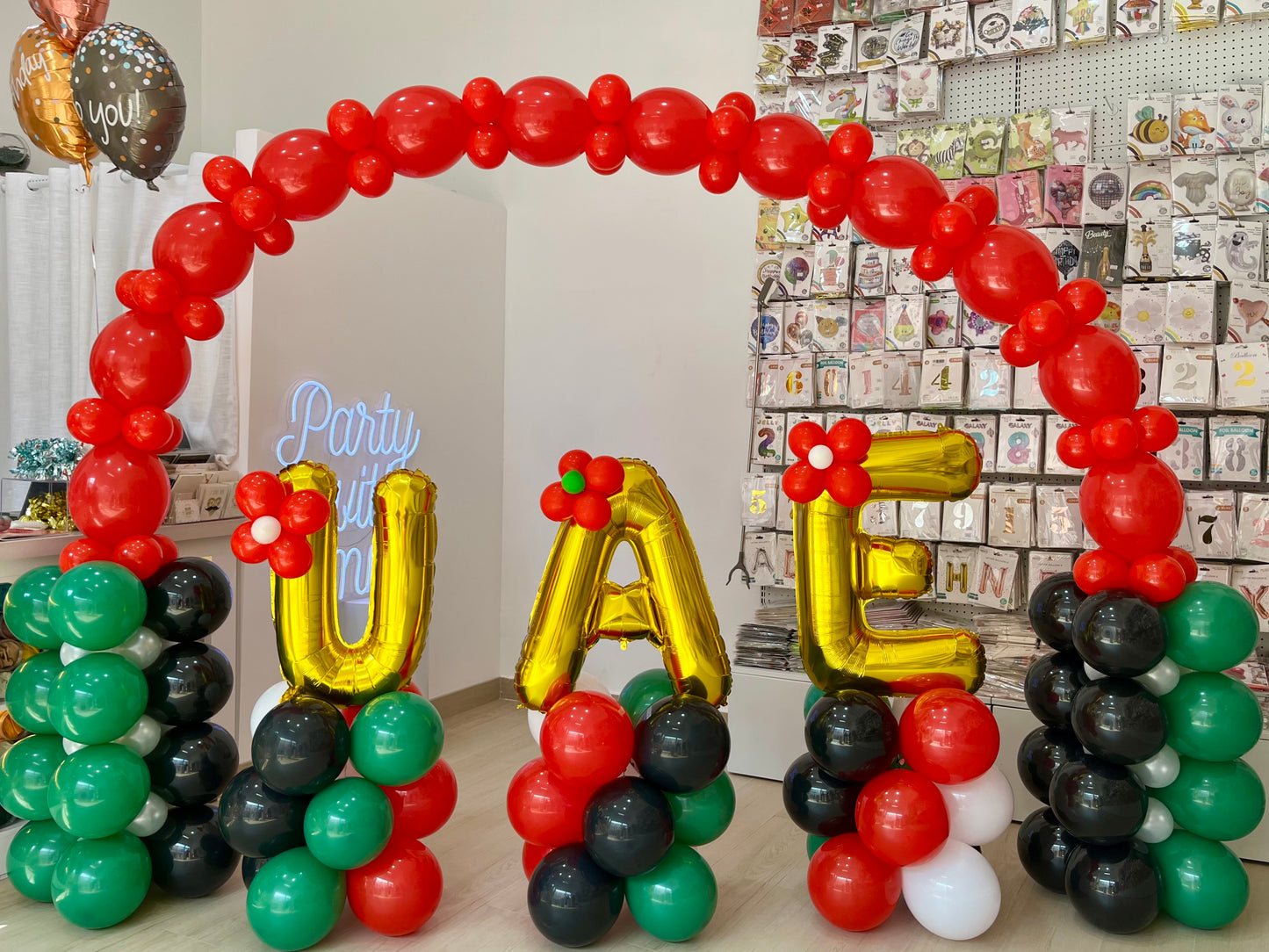 UAE National Pride Balloon Red, White, Green and Black Arch & Gold Letter Stand