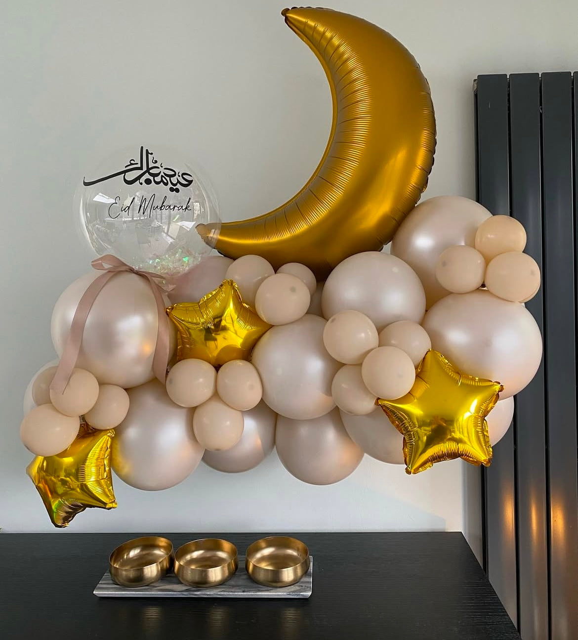 Personalised Ramadan Mini Balloon Beige, Chrome Light Pink with Gold Moon and Stars Chain with Clear with Customizable Stickers – Ramadan Celebration Decor