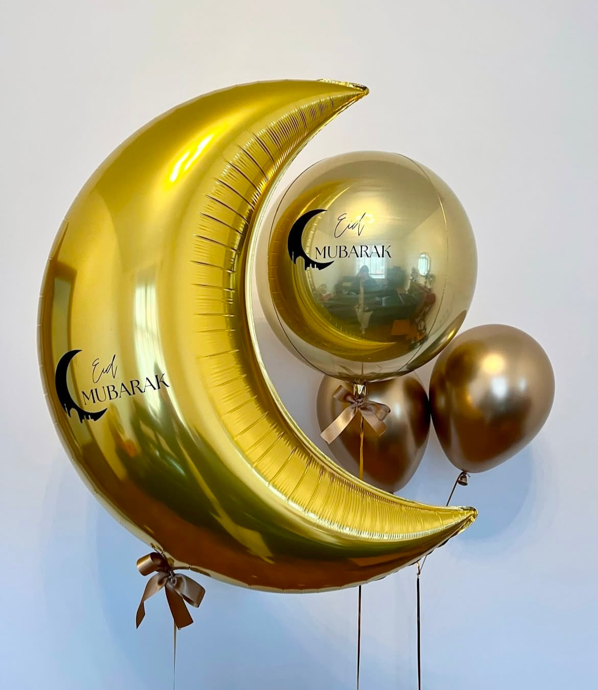Personalised Ramadan Balloon Gold Moon and Gold Orbs with Stickers and Light Gold Latex Set – Ramadan Celebration Decor