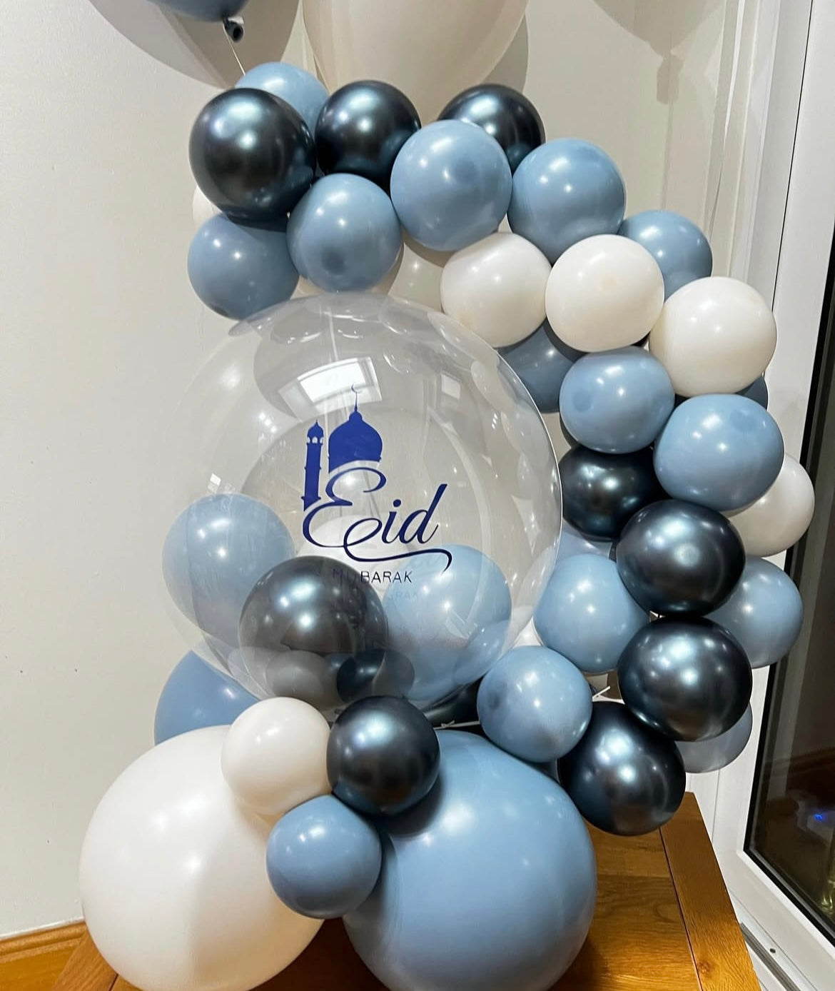 Personalised Ramadan Blue, Chrome Blue and White with Stickers Balloon on Stand – Ramadan Celebration Decor