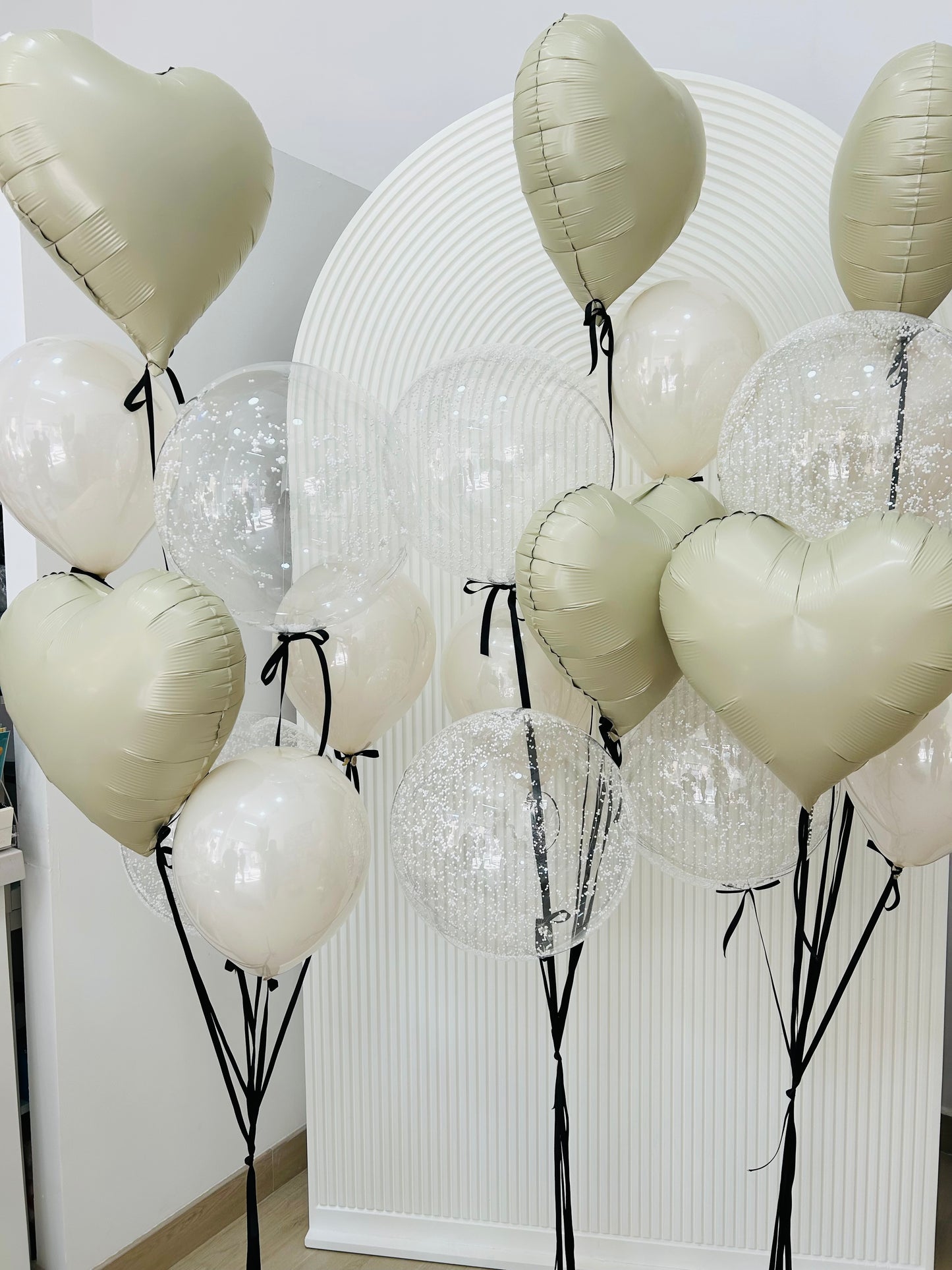 Personalised Helium Balloon Clear with White Foam, Double Layered White Latex and Beige Heart-Shaped Foil Bunch with Black Ribbons - Perfect for any Occasions