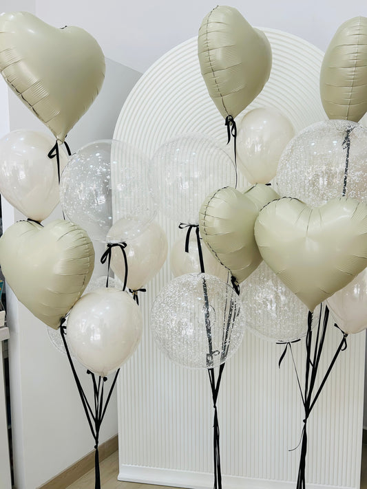 Personalised Helium Balloon Clear with White Foam, Double Layered White Latex and Beige Heart-Shaped Foil Bunch with Black Ribbons - Perfect for any Occasions