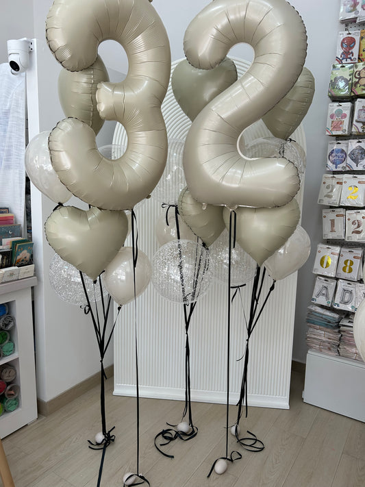 Personalised Helium Balloon Clear with White Foam Latex and Beige Heart-Shaped Foil Bunch, Beige ‘32’ Number Helium Balloons and Tassels - Perfect for any Occasions