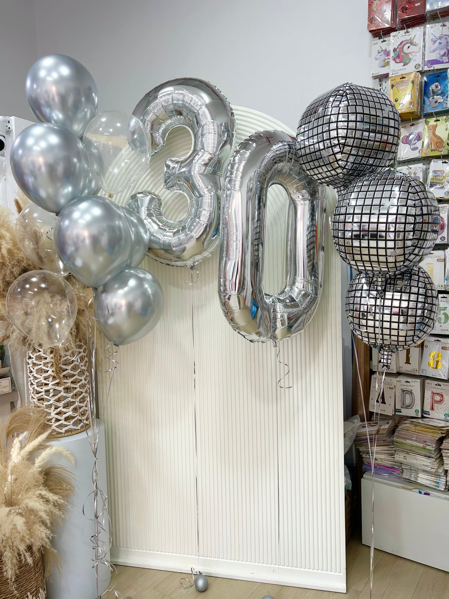 Helium Light Gold Number Balloon ‘30’ with Latex Silver and Clear with Disco Ball - Perfect for any celebrations!