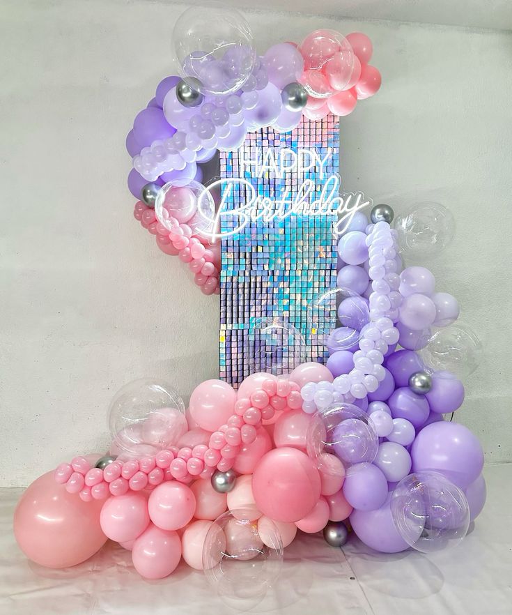 Iridescent Shimmer Wall Setup with Balloon Pink, Purple, Clear and Silver, LED Acrylic 'Happy Birthday' - Perfect for any Celebration