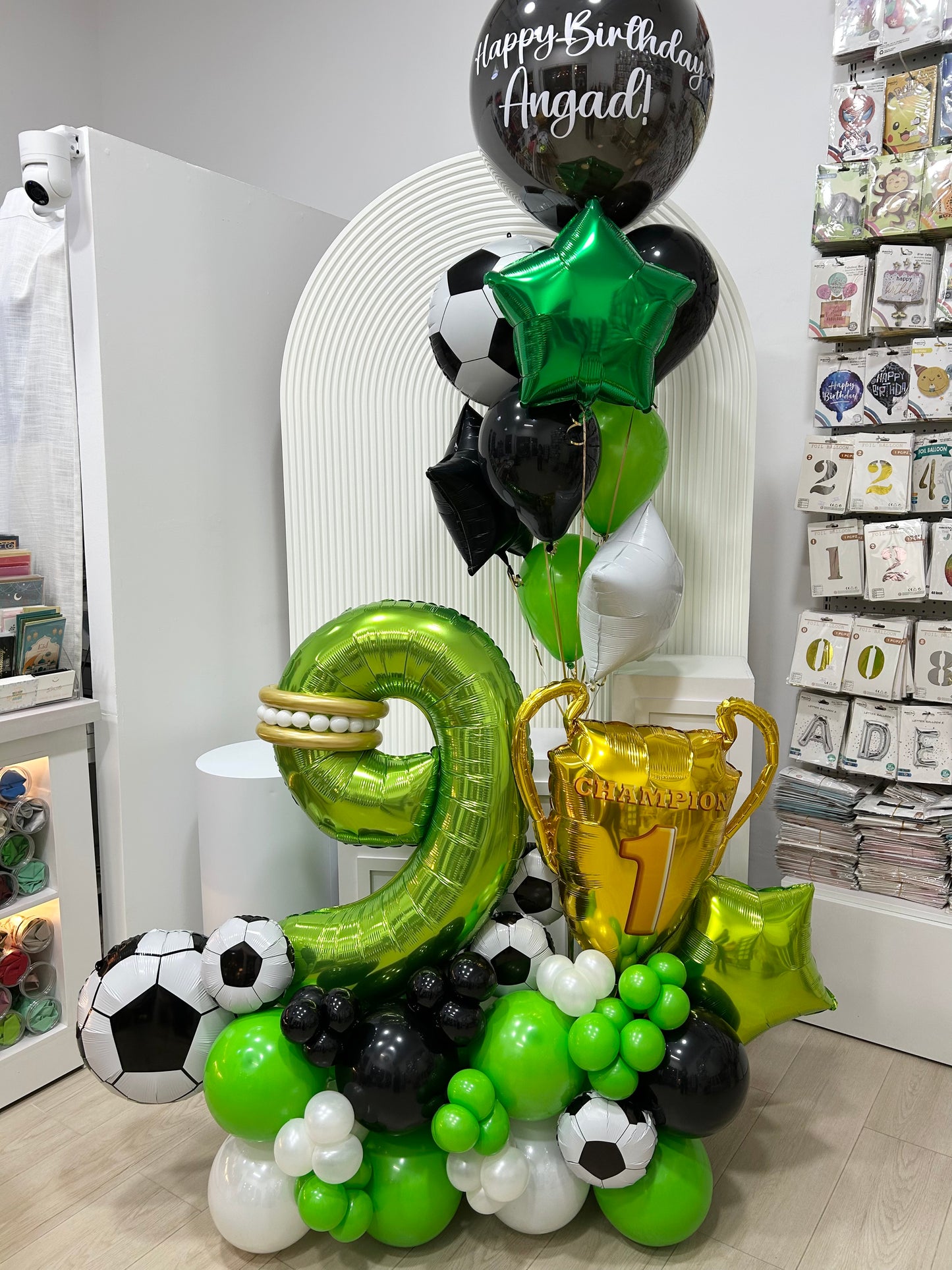 Platform Green Number '9' Balloon with Soccer Ball and Gold Champion Accents with Green and Black Latex, Green and White Star, Soccer Ball and Personalised Clear with Customizable Stickers Helium Balloons in Bunch – Perfect for Any Milestone Celebrations
