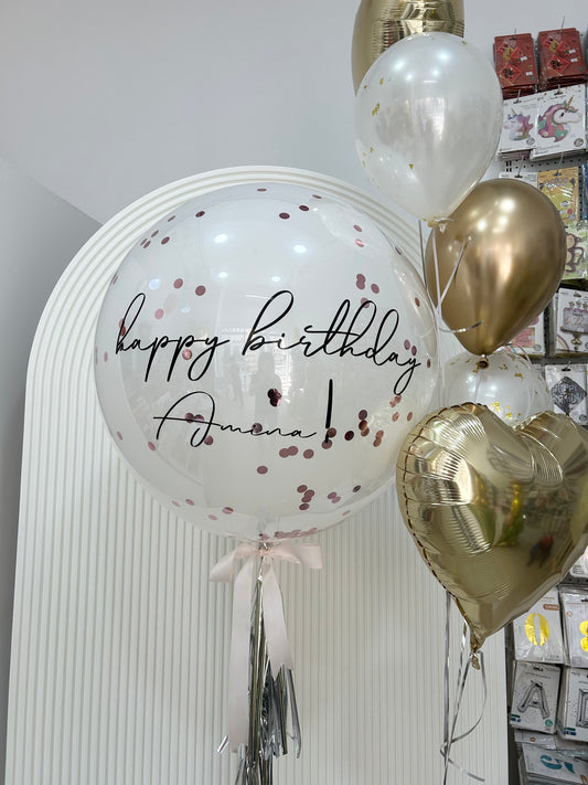Personalised Helium Balloon Clear with Black Stickers and Pearl White and Light Gold Latex Bunch, Light Gold Heart-Shaped Foil and Ribbons - Perfect for any Occasions