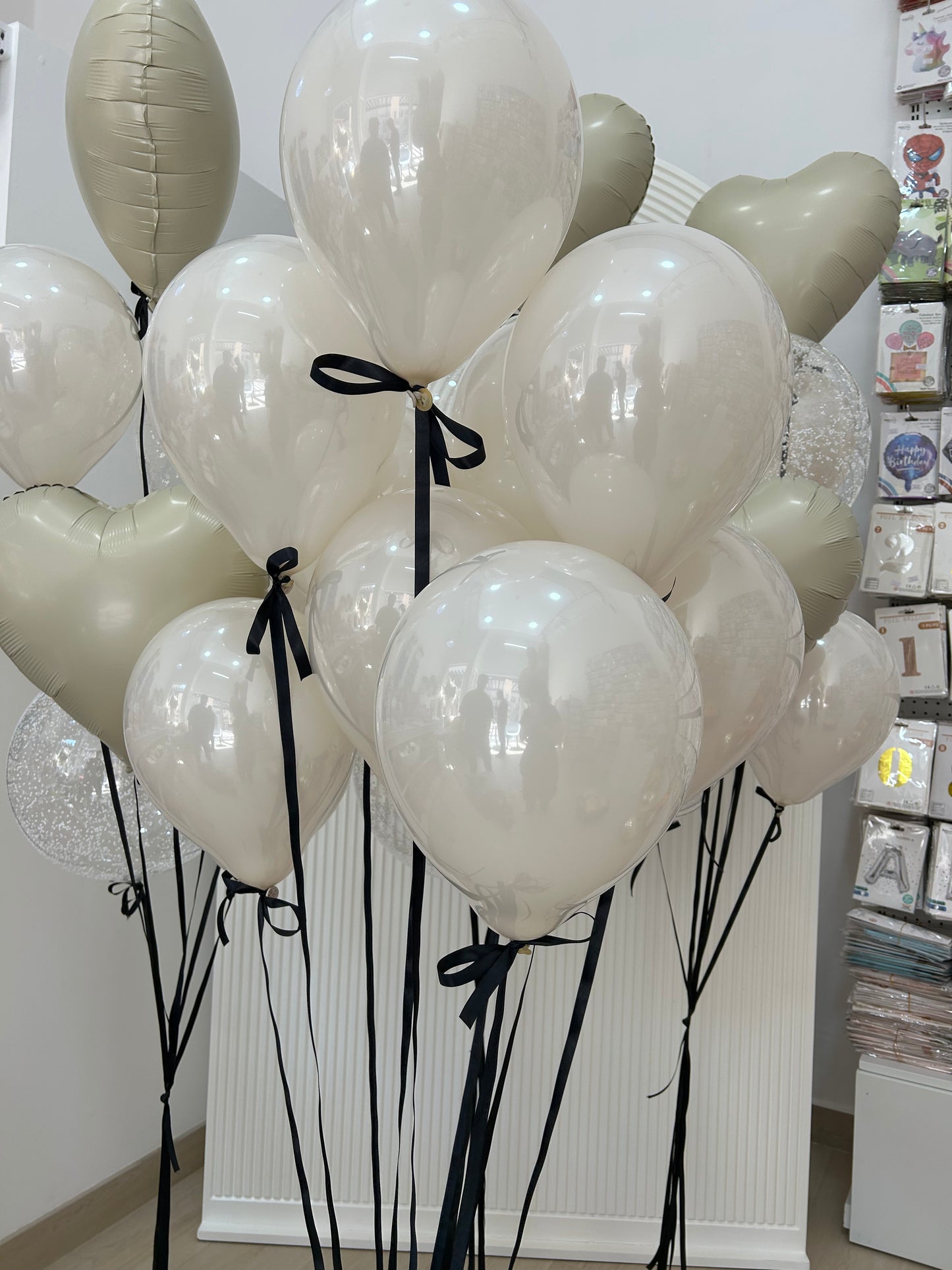 Double Layered White Latex Helium Balloon with Black Ribbons Bunch - Perfect for any special occasions!
