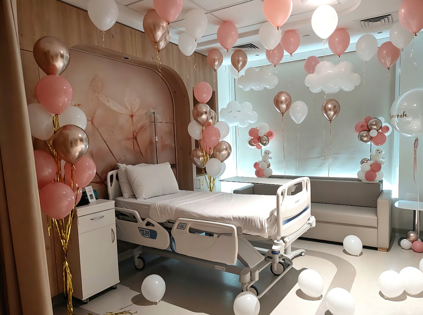 Hospital or Home Welcome Baby Set Decor Helium Balloon Pink, White, Light Gold Latex Bunch and Ceiling Balloon with White Cloud Foil Balloon, Personalized Balloon, Bear Centerpiece - Perfect for Welcoming Baby!