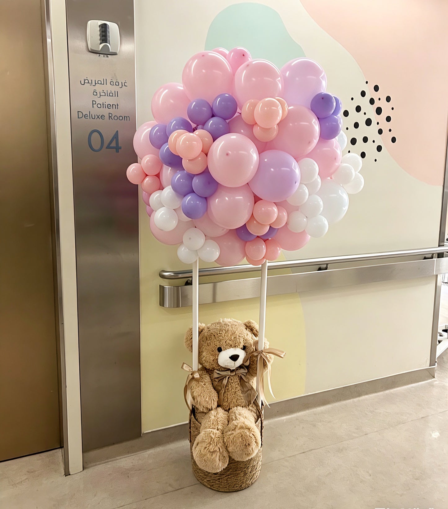 Hospital Setup Pink, Purple, White Balloon Teddy Bear Designed Hot Air Balloon Setup - Perfect for special occasions!