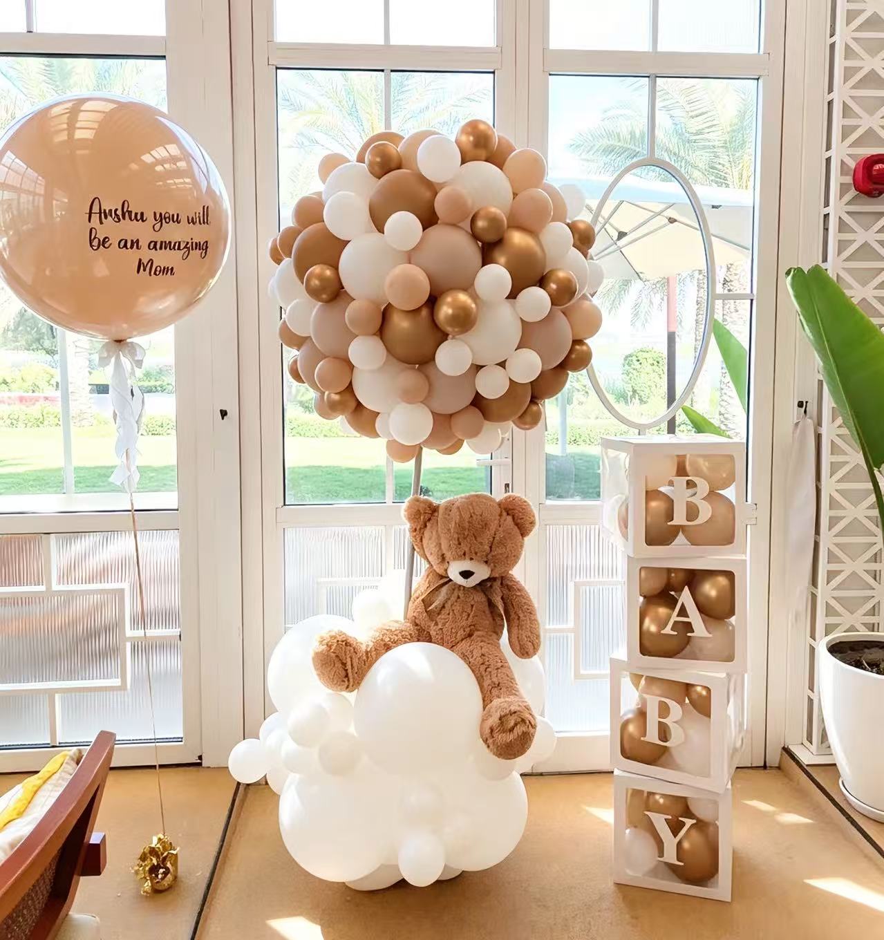 Hospital or Home Welcoming Baby Balloon Teddy Bear with White Baby BOX with Balloons White Brown Light Gold Personalised Beige Customize Sticker - Perfect for special occasions Baby Shower Welcome Baby Newborn