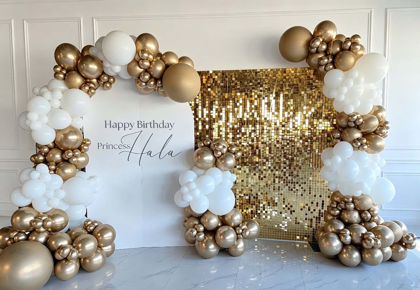 Gold Shimmer Wall Setup with Customizable KT Board, Balloon Gold and White Decor Setup - Perfect for any Celebration
