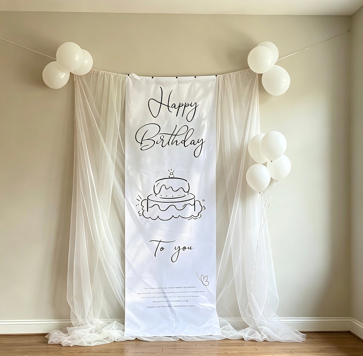 Minimalist Happy Birthday Backdrop Banner – White Elegant Party Decoration Set, Birthday Photo Booth Background, Aesthetic Event Decor for Women & Adults