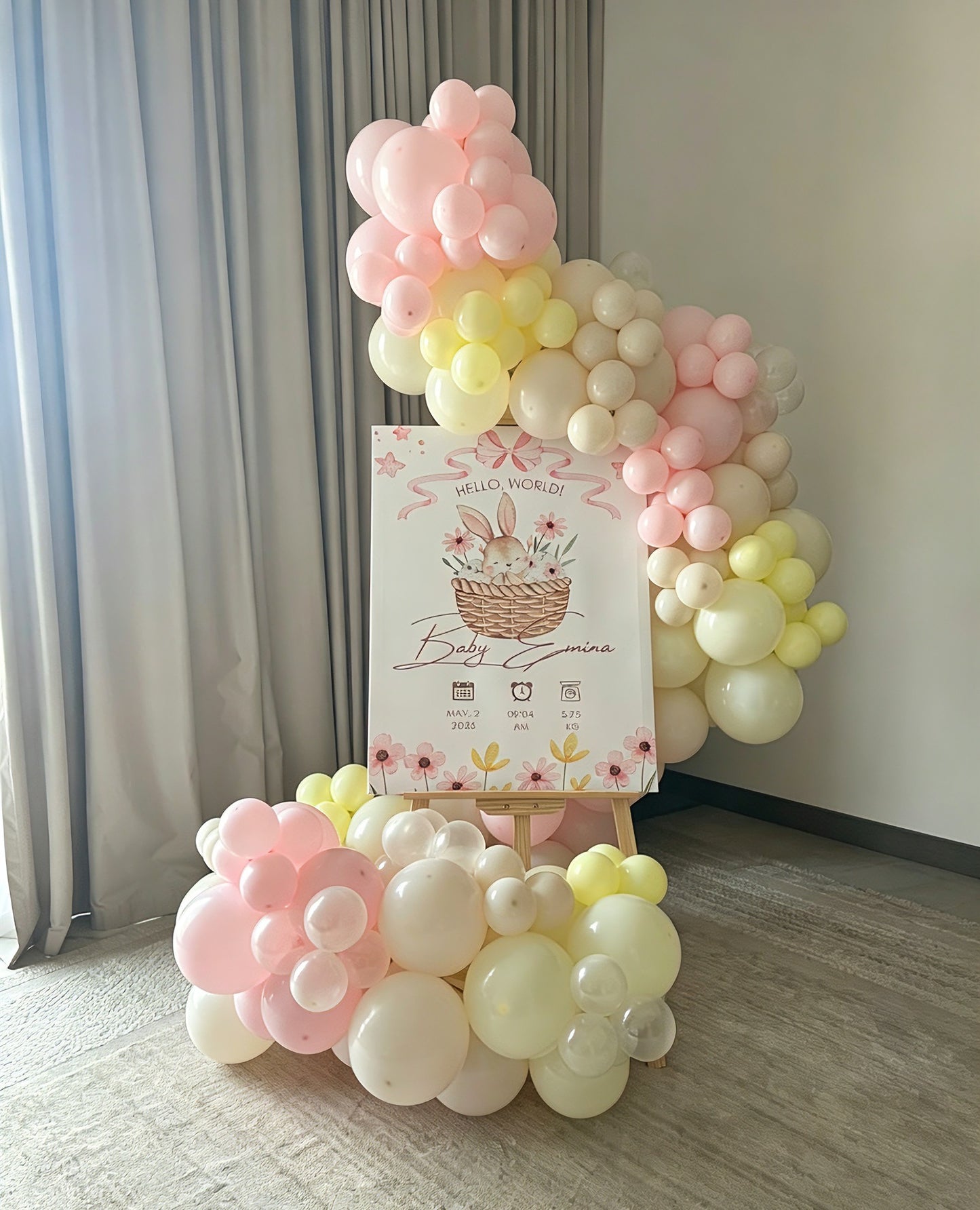 Customizable Square KT Board with Wooden Stand Welcome Board, Organic Balloon Light Pink, Light Yellow, and Beige Chain Arrangement - Perfect for any occasions!