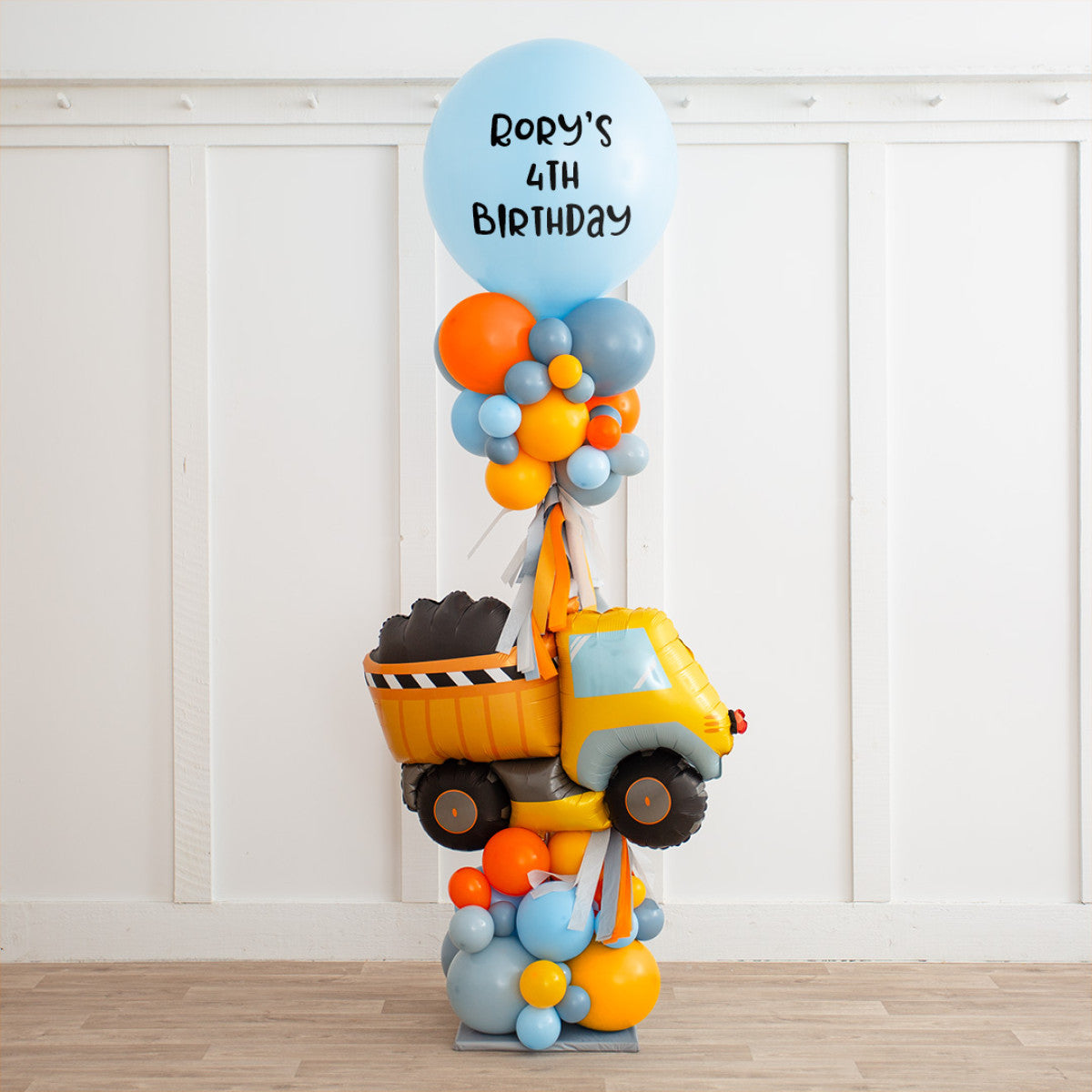 Personalised Different Shade of Blue and Orange with Truck Accents and Tassels Pillar/Column/Tower – Perfect for Any Celebrations