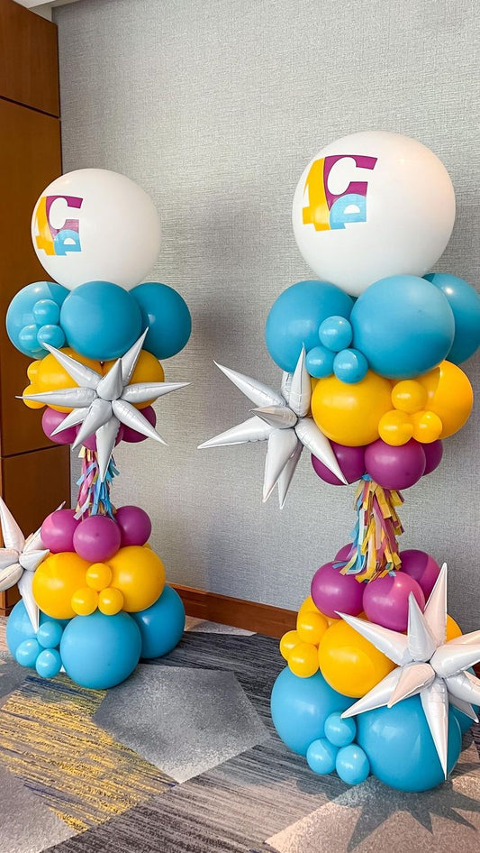 Personalised Company Logo Sticker Balloon Purple, Yellow, Blue and White with Starburst and Tassels accents Pillar/Column/Tower - Corporate Event, Grand Opening, Company Event Perfect for special occasion!