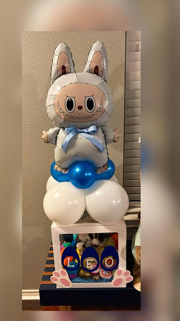 White Labubu Foil Balloon on Stand with Ribbon and Balloons Chrome Blue and White - Labubu-Themed Perfect for any celebrations