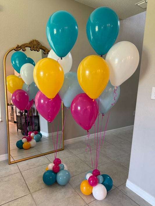 Latex Helium Bunch Teal, Blue, White, Pink and Yellow Balloons with Pink Strings - Perfect for Special Occasions!