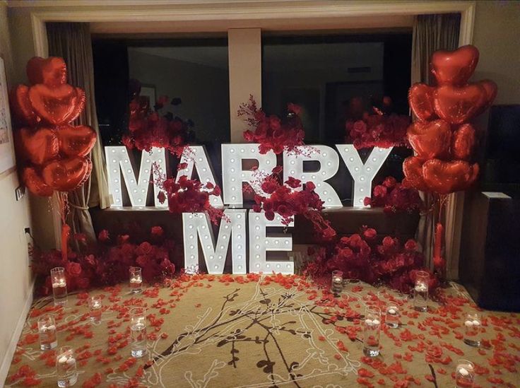 Artificial Flowers and Petals, LED Marquee 'MARRY ME', Candles and Hearts Helium Bunch Balloons - Perfect for Proposal, Wedding, Anniversary special occasions!