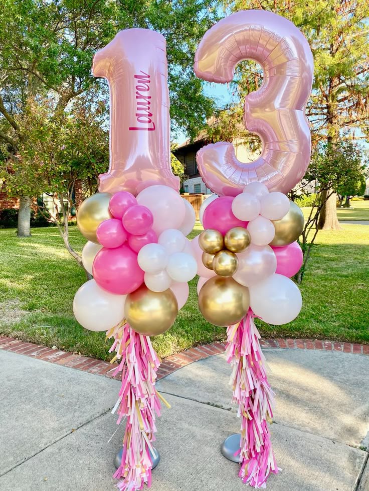 Balloon White, Gold and Pink with Customize Sticker, Tassels, Number Balloon '13' on Top Pillar/Column/Tower - Birthday, Corporate Event, Grand Opening, Company Event Perfect for special occasion!