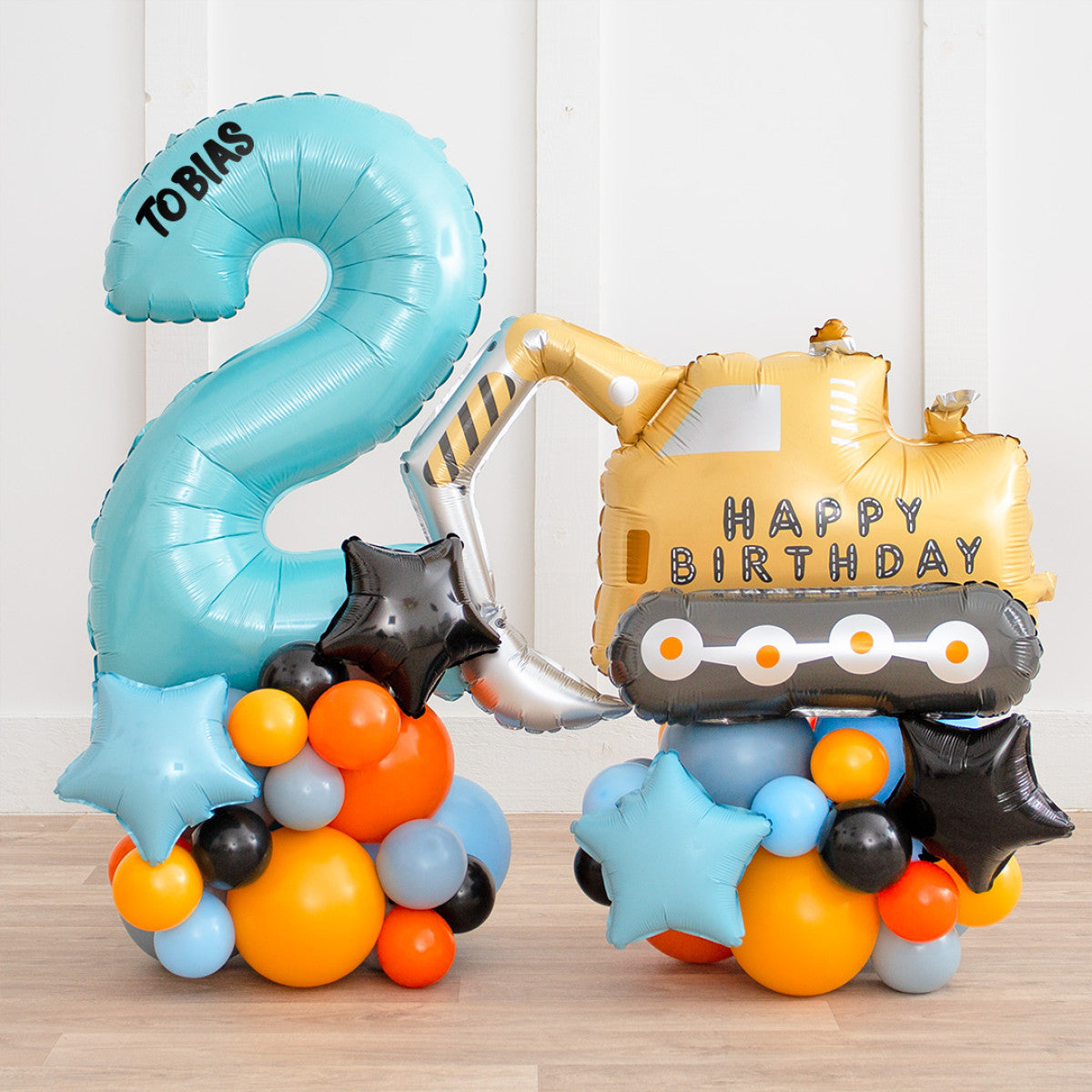 Blue, Orange, Yellow and Black Truck and Number Balloon on Stand ‘2’ – Customizable Design and Sticker