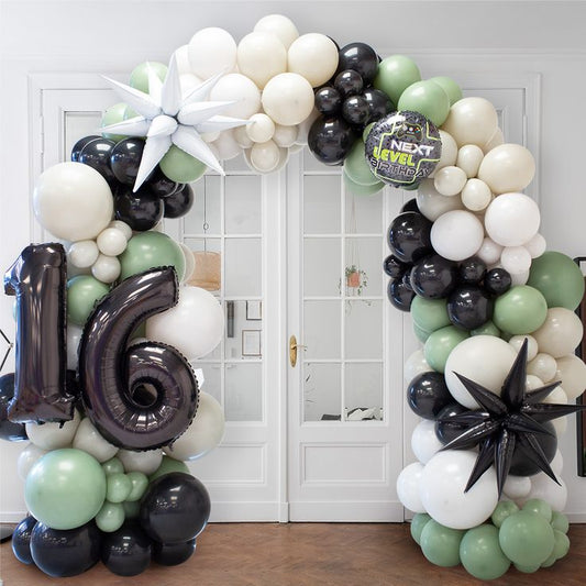 Organic Arrangement Garland Balloon Beige, White, Black and Green with Black Number '16' Foil, Game-Themed and Starburst accents - Perfect for special occasion