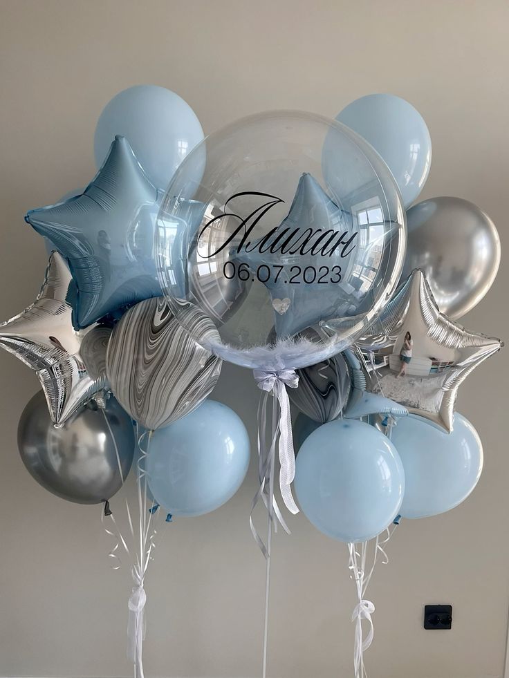 Helium Balloons Personalised Clear with Feather, Customize Sticker, Latex Bunch Blue and Silver with Star-Shaped Foil with Ribbons - Customizable Decor