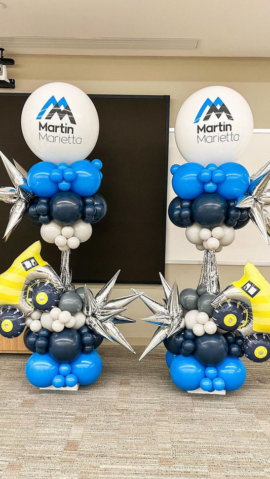 Personalised Company Logo Sticker Balloon White, Gray, Sand White and Blue with Starburst and Tassels accents Pillar/Column/Tower - Corporate Event, Grand Opening, Company Event Perfect for special occasion!