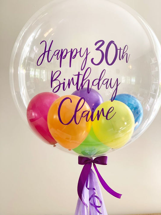 Personalised Helium Balloons Clear with Mini Latex Purple, Yellow, Orange, Green and Blue with Ribbons and Customize Sticker - Perfect for any Occasions