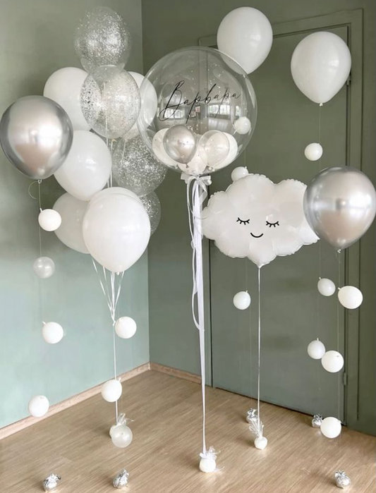 Personalised Clear with Sticker, Latex Silver, White and Clear with Confetti Balloons Bunch and White Clouds Foil Helium with Mini Balloons accents - Baby Shower, Perfect for special occasions!