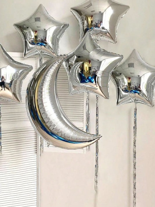 Helium Balloons Star-Shaped and Moon Silver with Tassels - Perfect for any Occasions