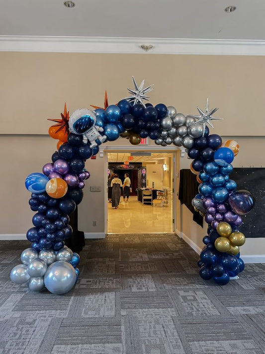 Balloon Deep Blue, Chrome Purple and Silver with Astronaut and Silver Star Accents Arch Setup - Galaxy-Themed Perfect for special occasions