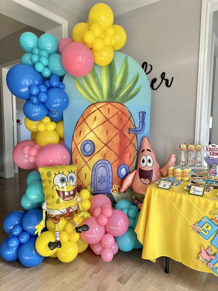 Customizable Board Backdrop with Balloons Yellow, Pink and Blue with Patrick and Spongebob Accents SpongeBob-Themed - Perfect for any occasions