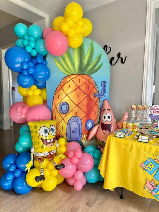 Customizable Board Backdrop with Balloons Yellow, Pink and Blue with Patrick and Spongebob Accents SpongeBob-Themed - Perfect for any occasions