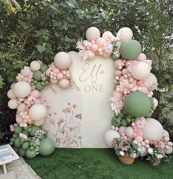 Customizable Board Backdrop with Balloons Green and Pink with Artificial Flowers and Leaves - Perfect for special occasion
