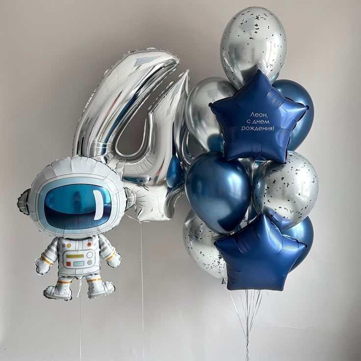 Helium Balloon Single Number Set of Silver Number ‘4’ Balloon, Astronaut, Navy Blue Silver Latex with Star-Shaped Blue with Customize Sticker Helium Bunch - Galaxy-Themed Perfect for any Occasions