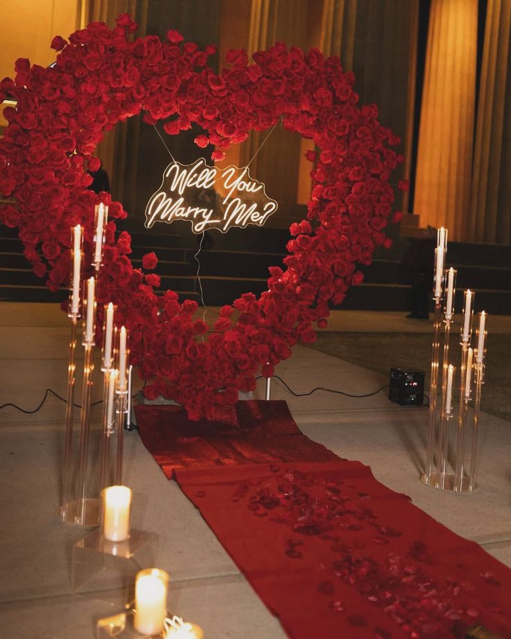 Artificial Flowers, Candles, Giant Red Heart Artificial Flower, LED Customize Acrylic 'Will You Marry Me' and Red Carpet - Perfect for Proposal, Wedding, Anniversary special occasions!