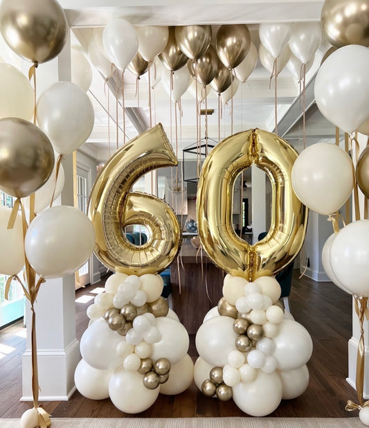 40-inch Numbers 6&0 Balloon on Stand with Helium and Ceiling Balloons Colors Light Gold, Pearl White and Sand White with Ribbons - Customizable for Any Celebration