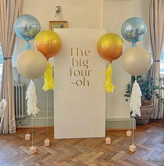 Customize Backdrop with Orbs Blue, Ombre and Beige Helium Balloons with Tassels - Perfect for special occasion
