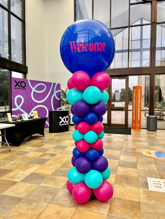 Personalised Company Logo Sticker Balloon Deep Pink, Purple, Blue and Green Pillar/Column/Tower - Corporate Event, Grand Opening, Company Event Perfect for special occasion!