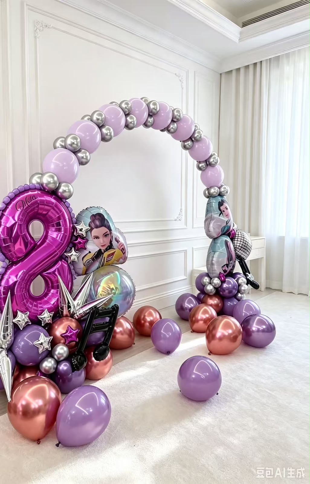Quicklink Arch Demon Hunters Theme K-Pop Balloon Purple Shinny Pink Silver Number '8' with Mini Stars Iridescent Orbs Starburst Music Notes
