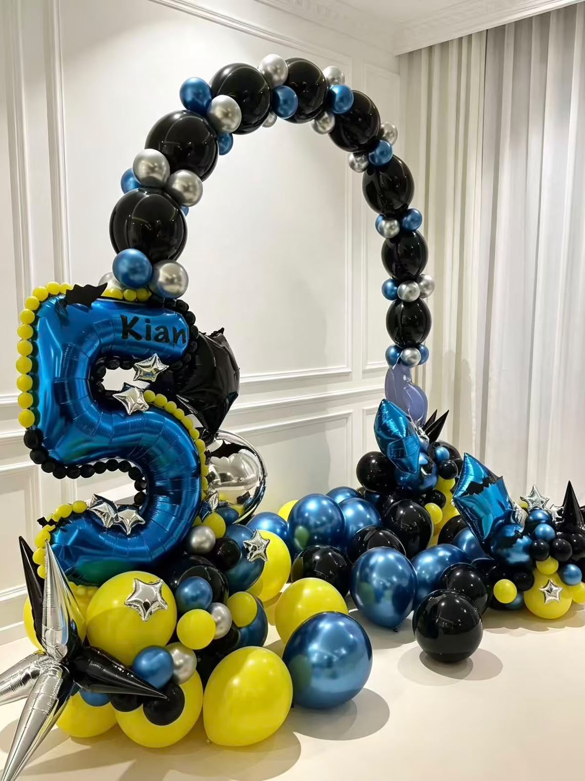 Quicklink Arch Batwheels Theme Batman Blue Number '5' Balloons Black Shinny Blue Silver Yellow with Starburst Mini Stars Orbs Customize Batwheels Cutout