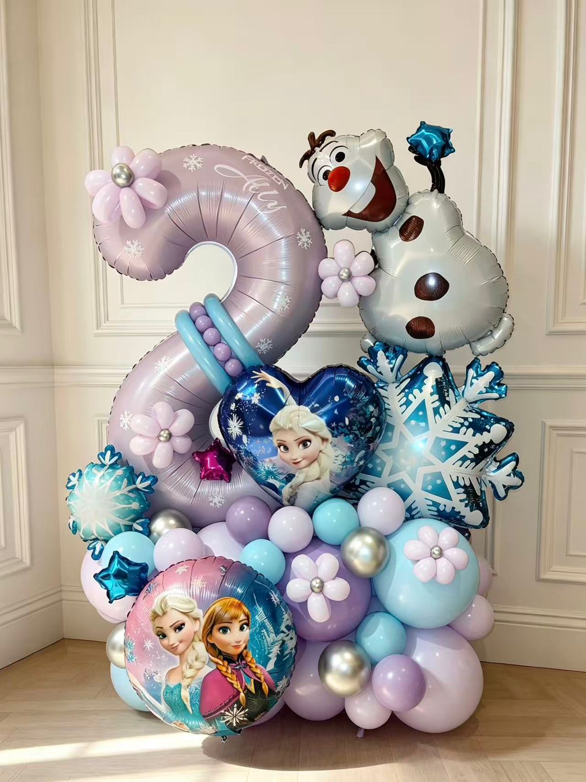 Purple, Blue and Silver Platform Number '2' with Customize Sticker, Elsa, Anna, Olaf and Snowflakes accents - Frozen-Theme Perfect for any celebration