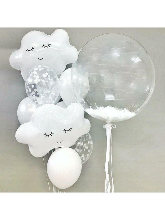 Personalised Clear with Feather and White Cloud with Latex Clear with Confetti and White Helium Balloon Bunch - Baby Shower, Perfect for special occasions!